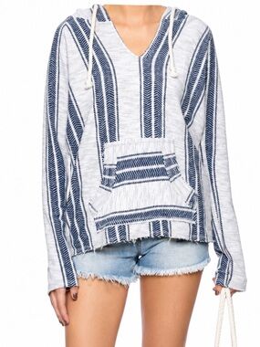 Ocean Drive Baja Hoodie Pullover Size Medium Blue White Beach Boho